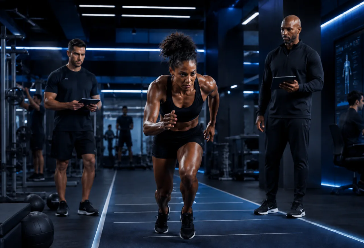 Sprinter accelerating with coach observing