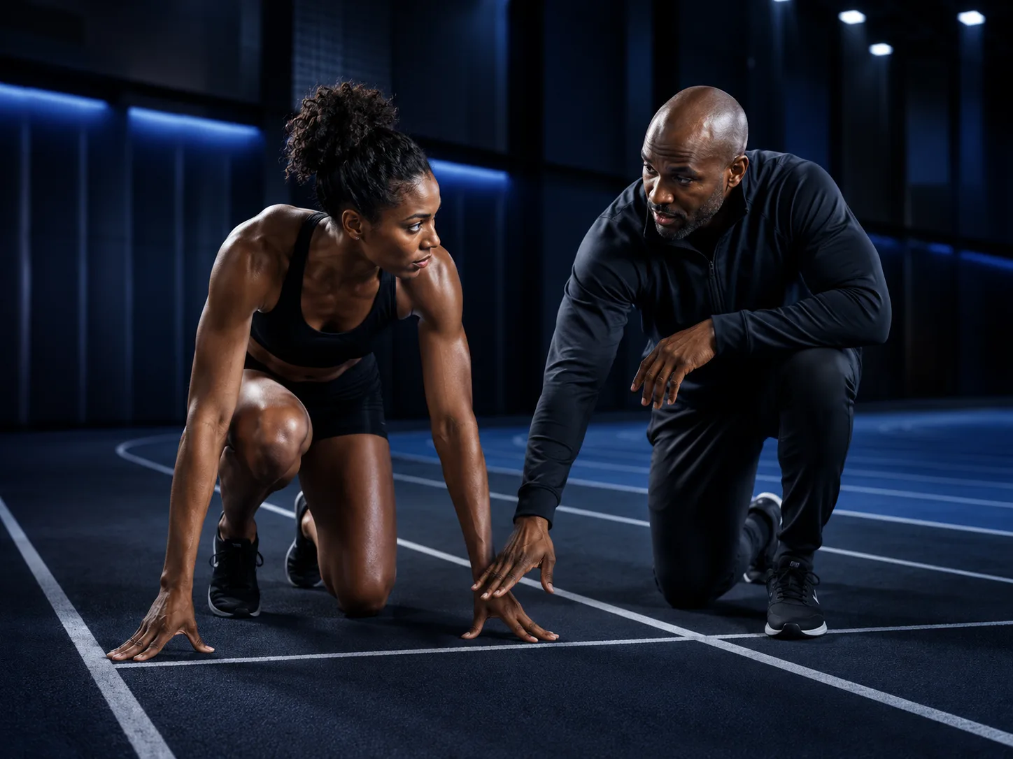 Coach guiding a sprinter at the starting blocks